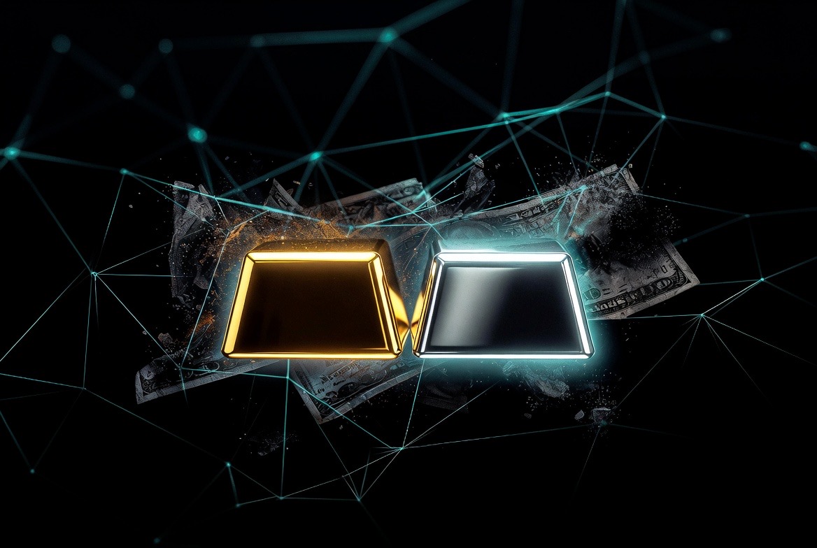 Gold and silver bars on cash with digital network overlay