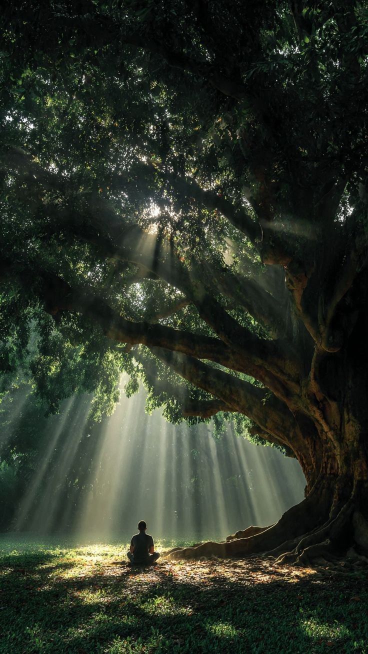 A lone figure seated under a vast tree as shafts of light cut through the canopy