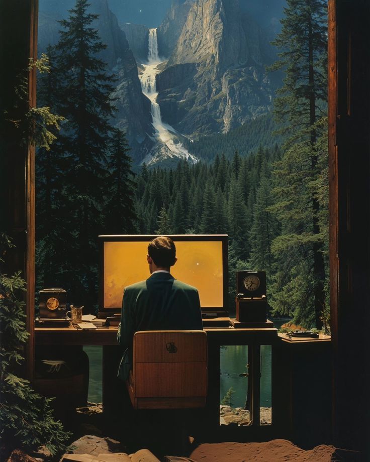 A figure at a desk facing a luminous screen with a vast waterfall behind