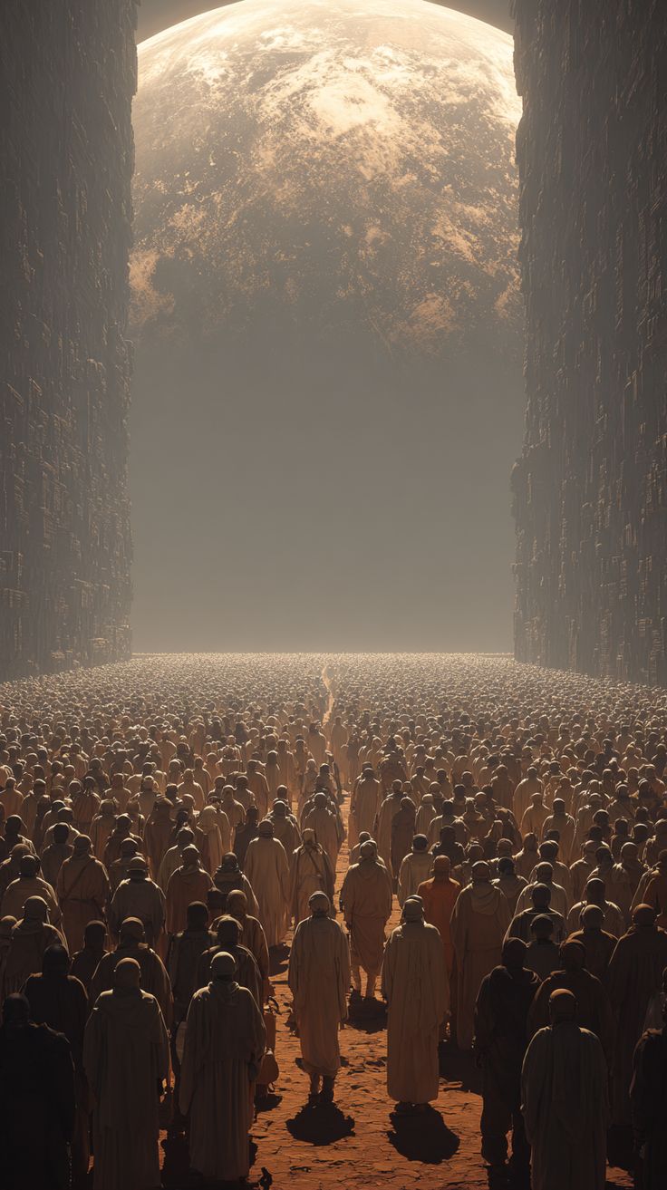 A vast crowd in robes walking through a narrow canyon toward a giant moon, light leading them forward