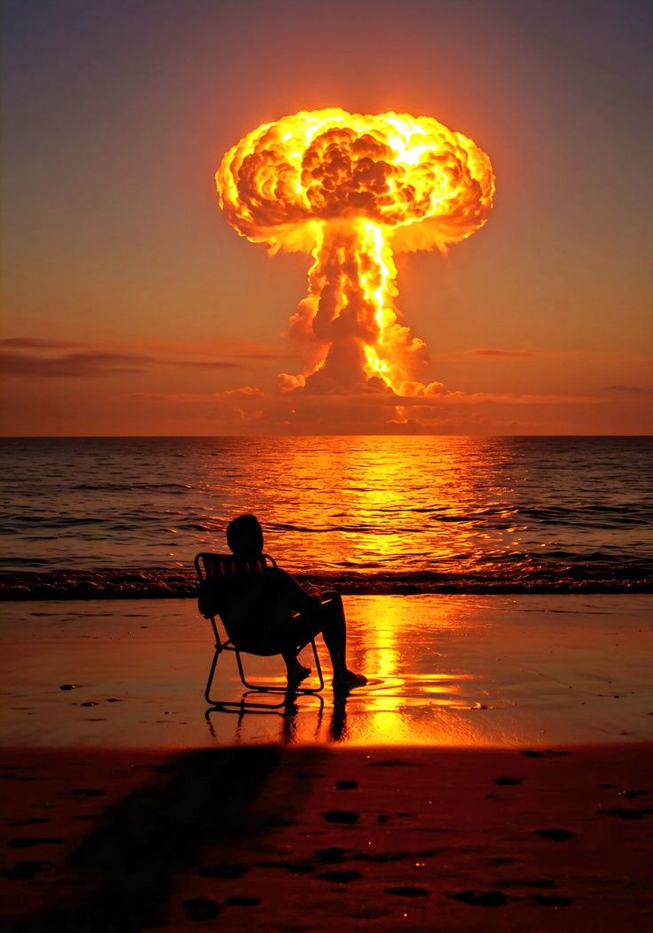 A figure sat alone in a beach chair watching a massive explosion bloom on the horizon at sunset