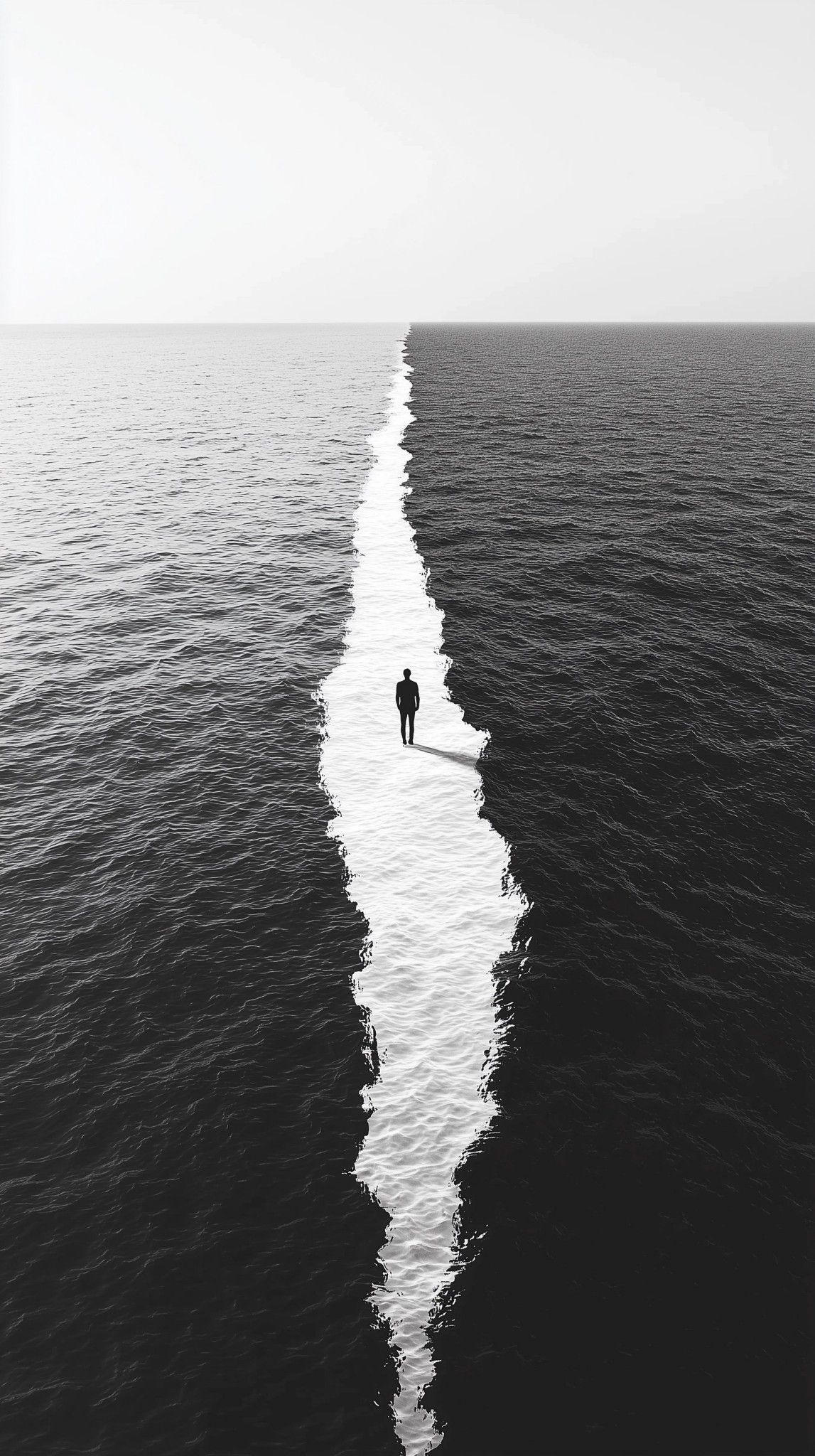A lone figure standing on a rift between two oceans of light