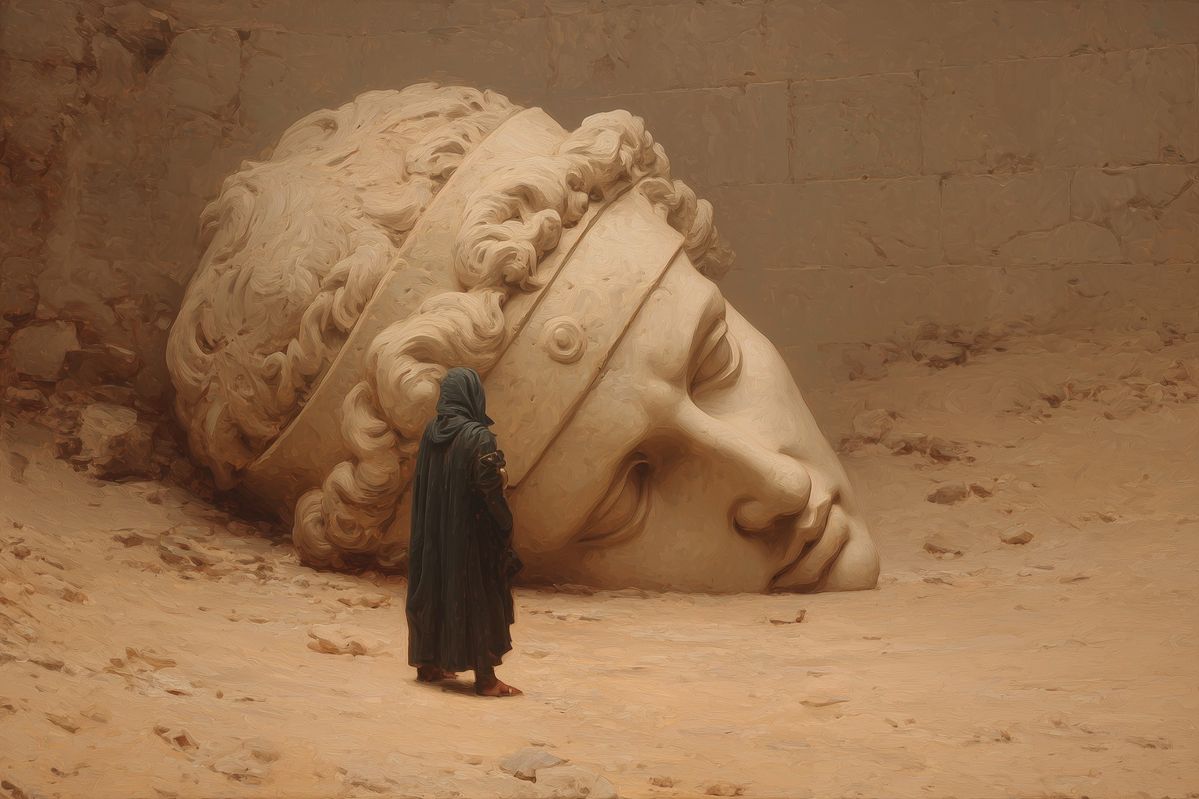 A fallen marble head half buried in sand, an observer in a dark cloak looking up at it