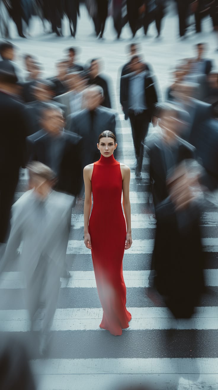 A figure in a red dress walking directly toward the camera through a blurred crowd at a crosswalk