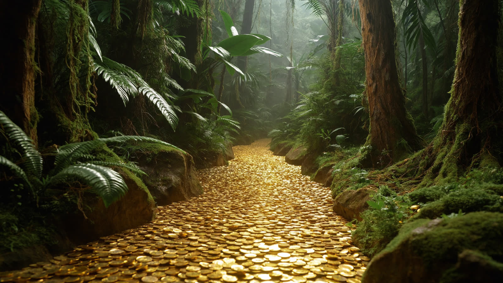 A gold-coin path winding through a misty forest, with figures of varied backgrounds gathered along the edge